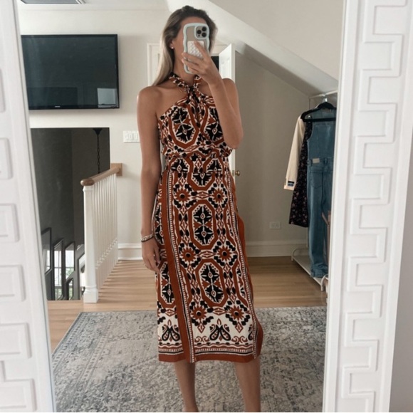 Sezane Jarred Yoana Cotton Halter Slit Print Midi Dress - Picture 2 of 15